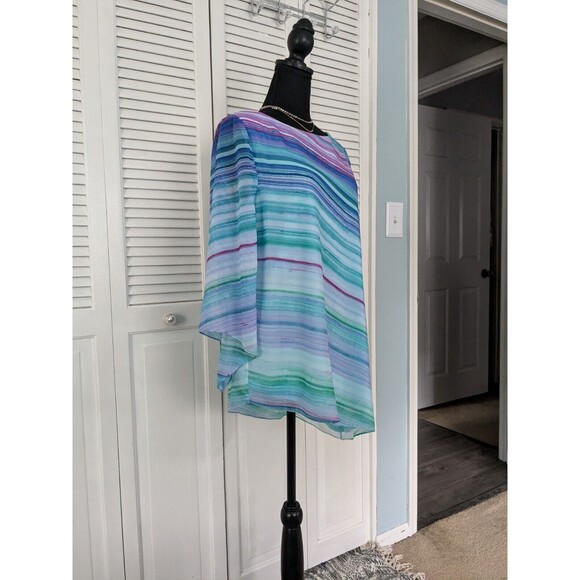 Chico's Top Womens Sz S (0) Purple Aqua Stripe Chiffon Layer Asymmetrical Tunic - Picture 2 of 14